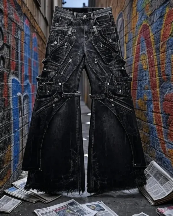 Streetwear Goth Punk Multi-Pocket Cargo Jeans Mens Black Distressed Flared Denim Pants with Straps Zippers Studs  Frayed Edges